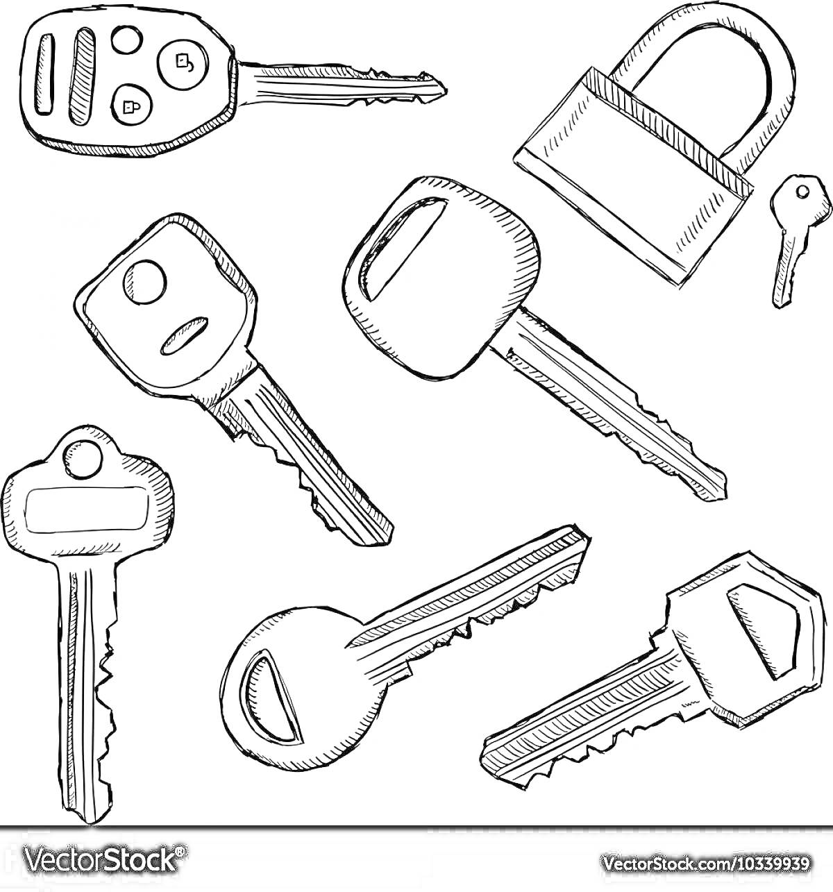 Раскраска Ключи от машины, навесной замок с ключом