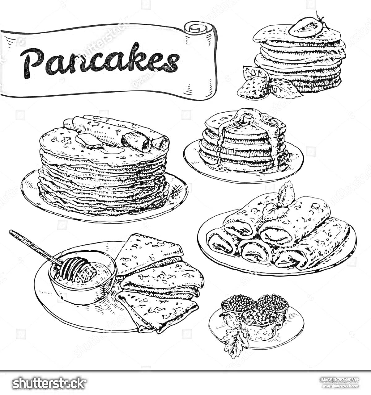 На раскраске изображено: Мёд, Ягоды, Сметана, Блюдо, Завтрак, Еда, Блинчики
