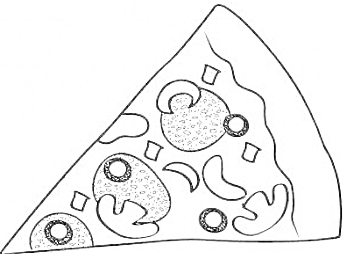На раскраске изображено: Пицца, Грибы, Оливки, Лук, Пепперони, Еда, Кусочек пиццы