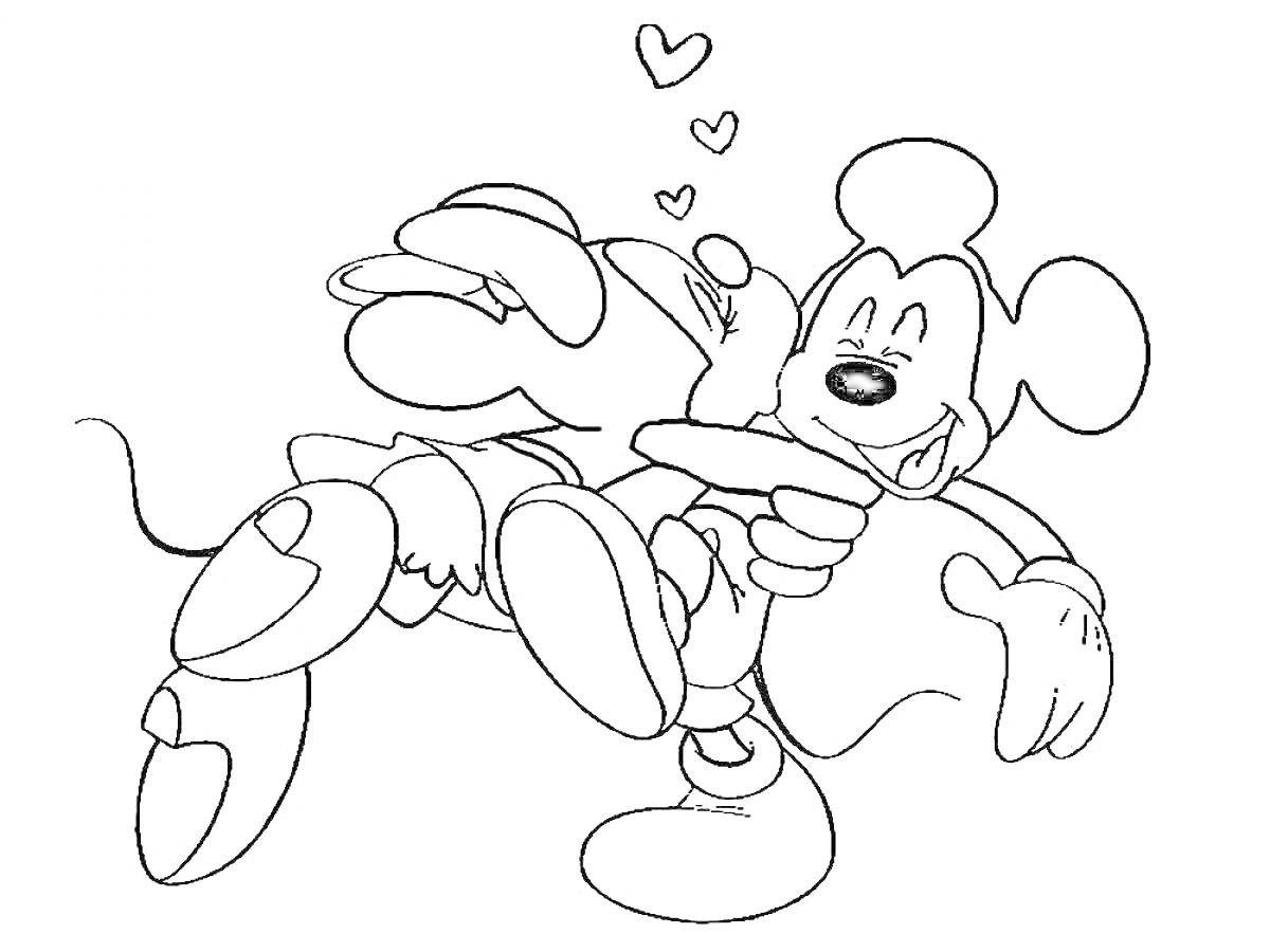 Раскраска Объятие Микки Мауса и Минни Маус с сердечками