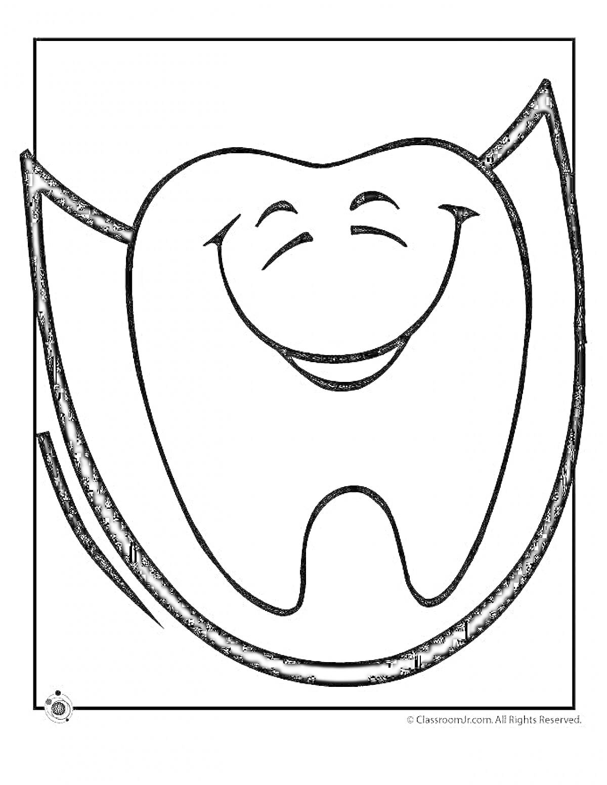 Раскраска зубик с улыбающимся лицом и контуром щита