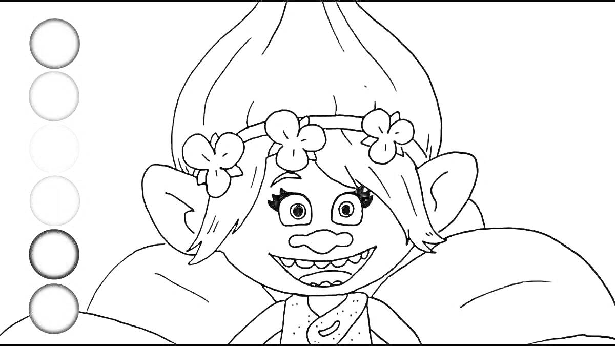 Раскраска Раскраска с персонажем Паппи из Poppi Play Time, цветовая палитра с правой стороны, элементы цветка и волос персонажа