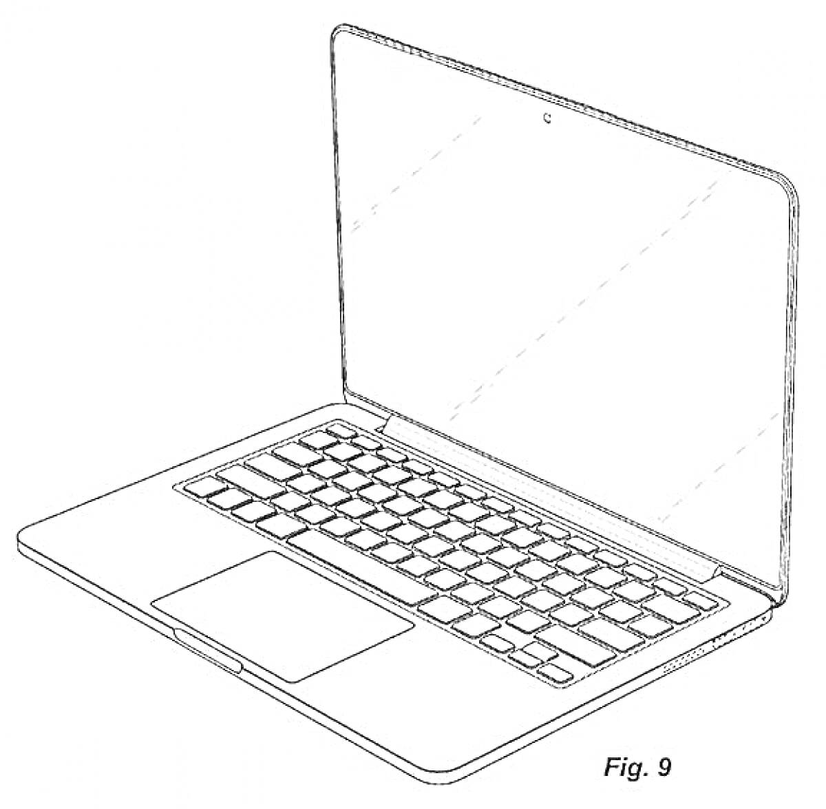 Ноутбук с открытым экраном, клавиатурой и тачпадом