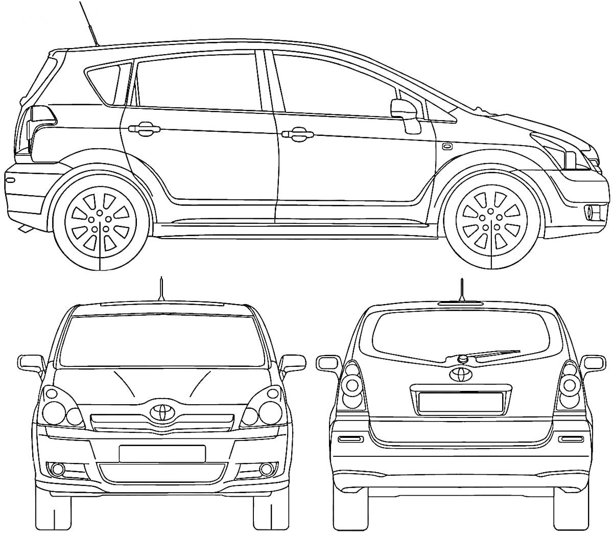 Чертеж автомобиля Toyota Corolla в различных ракурсах (вид спереди, сбоку, сзади)