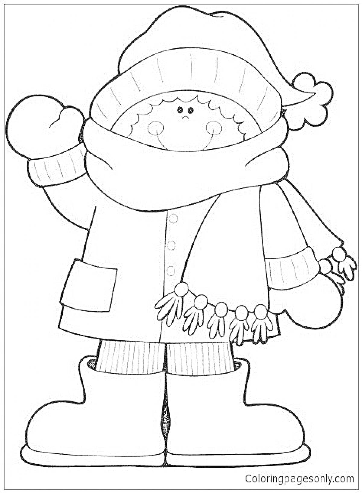 На раскраске изображено: Мальчик, Зимняя одежда, Шапка, Шарф, Рукавицы, Куртка, Сапоги, Зима, Холод