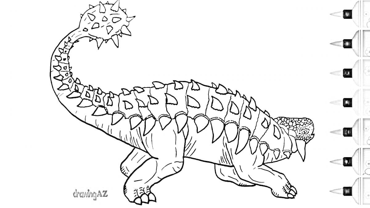 На раскраске изображено: Анкилозавр, Динозавр, Шипы, Хвост, Маркеры, Для детей, Древние животные