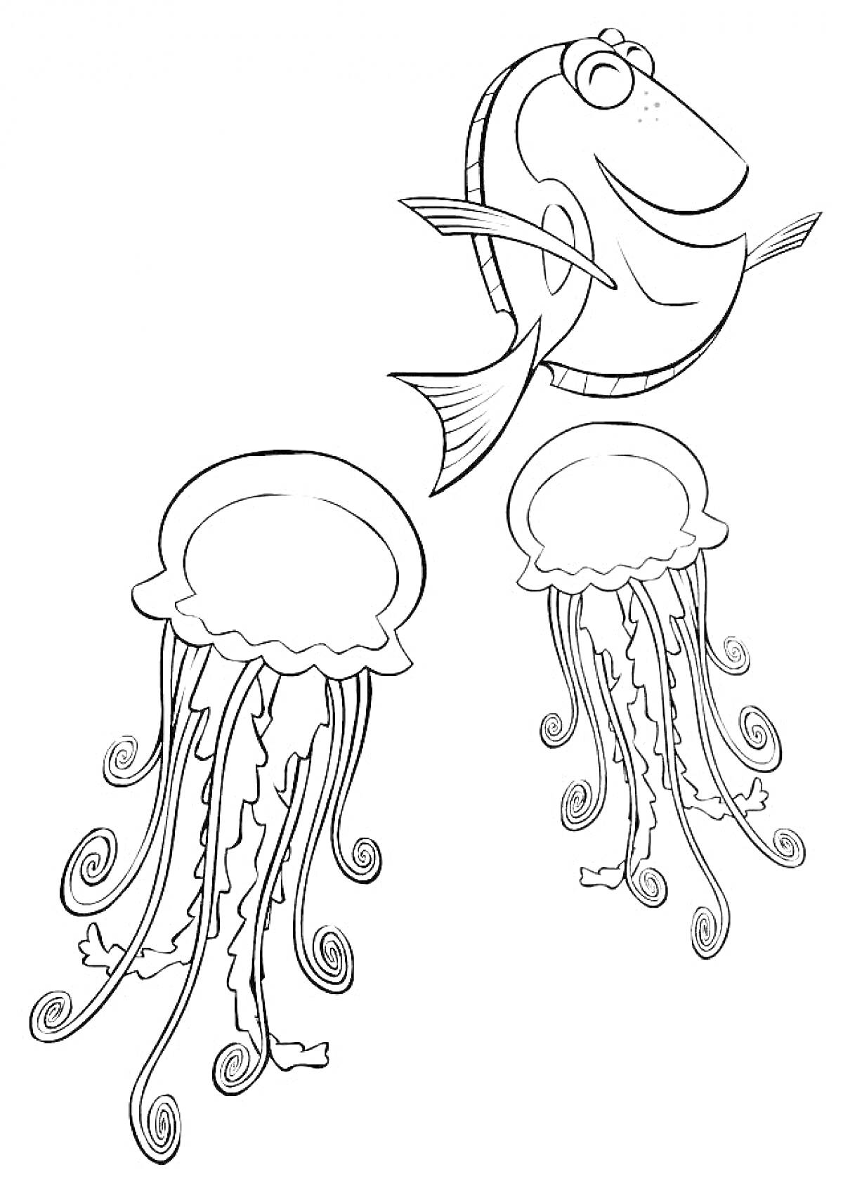 Раскраска Рыба и две медузы