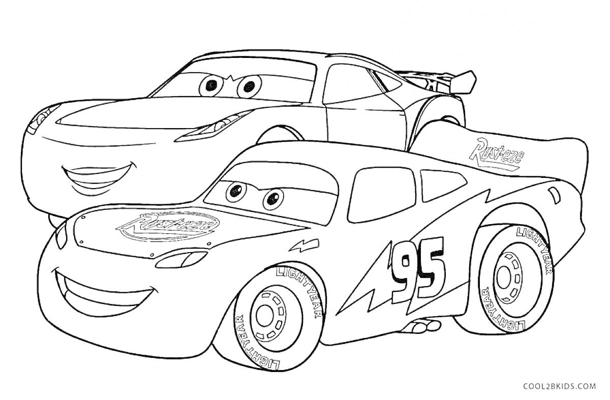Раскраска Машинки из мультфильма, две машинки, на переднем плане машинка с номером 95, лица машинок с выражением радости