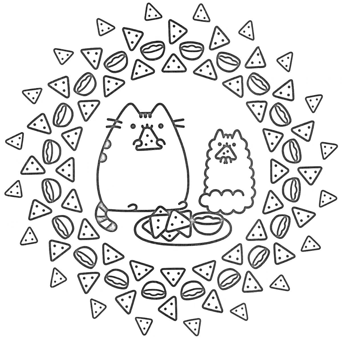 Раскраска Pusheen и другая кошка с тарелкой начос, окруженные начос и печеньем