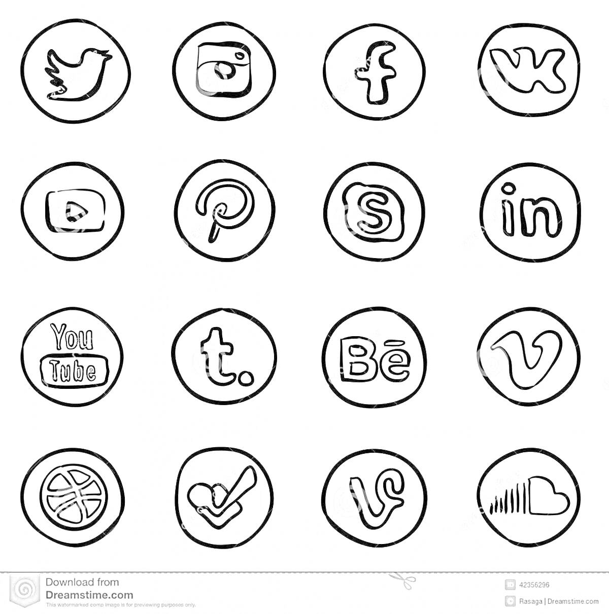 Логотипы популярных социальных сетей и приложений в круглой рамке - Twitter, Instagram, Facebook, ВКонтакте, YouTube, Pinterest, Skype, LinkedIn, YouTube, Tumblr, Behance, Vimeo, Dribbble, Foursquare, Vine, SoundCloud