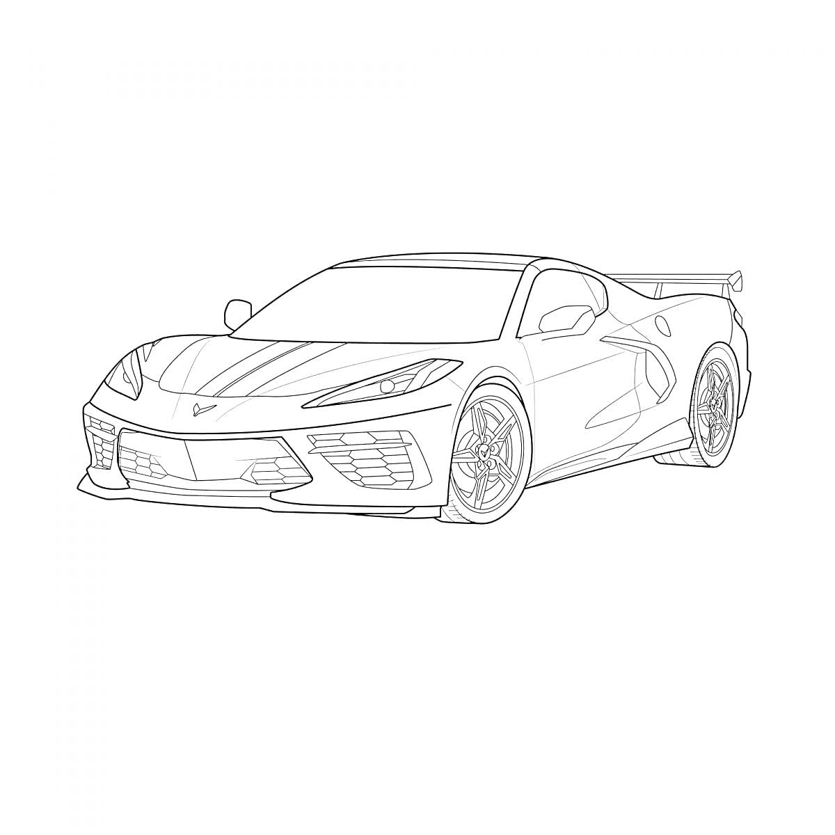 Раскраска Чертеж модели автомобиля Chevrolet Corvette с передним бампером, колесами, боковыми зеркалами и спойлером.