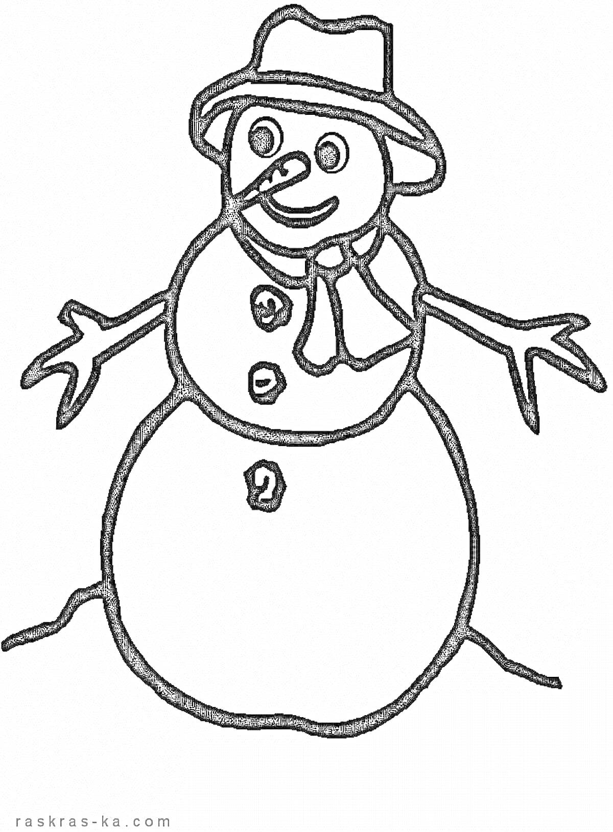 На раскраске изображено: Зима, Шляпа, Шарф, Кнопки, Снежный человек, Морковный нос, Для детей, Снеговики