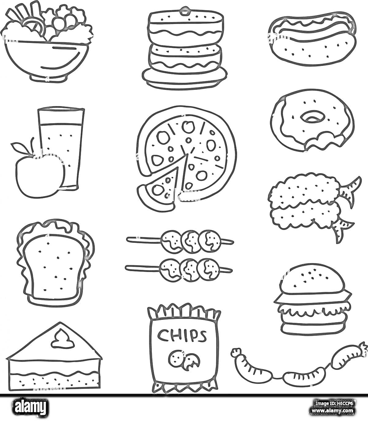 Блюда фаст-фуда: миска с салатом, торт из двух слоев, хот-дог, яблоко и стакан с напитком, пицца, пончик, куриные крылышки, сэндвич, шашлык, пакетик чипсов, бургер, пирожное, сосиска