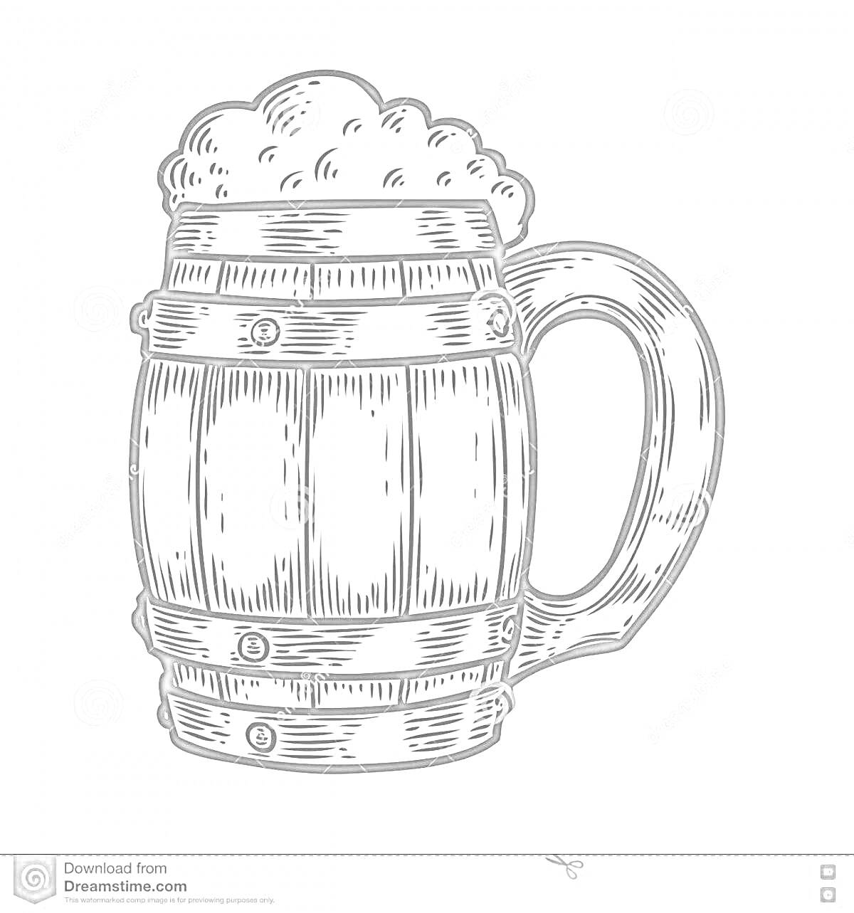 На раскраске изображено: Кружка пива, Пиво, Пена, Напиток, Бар, Бочка