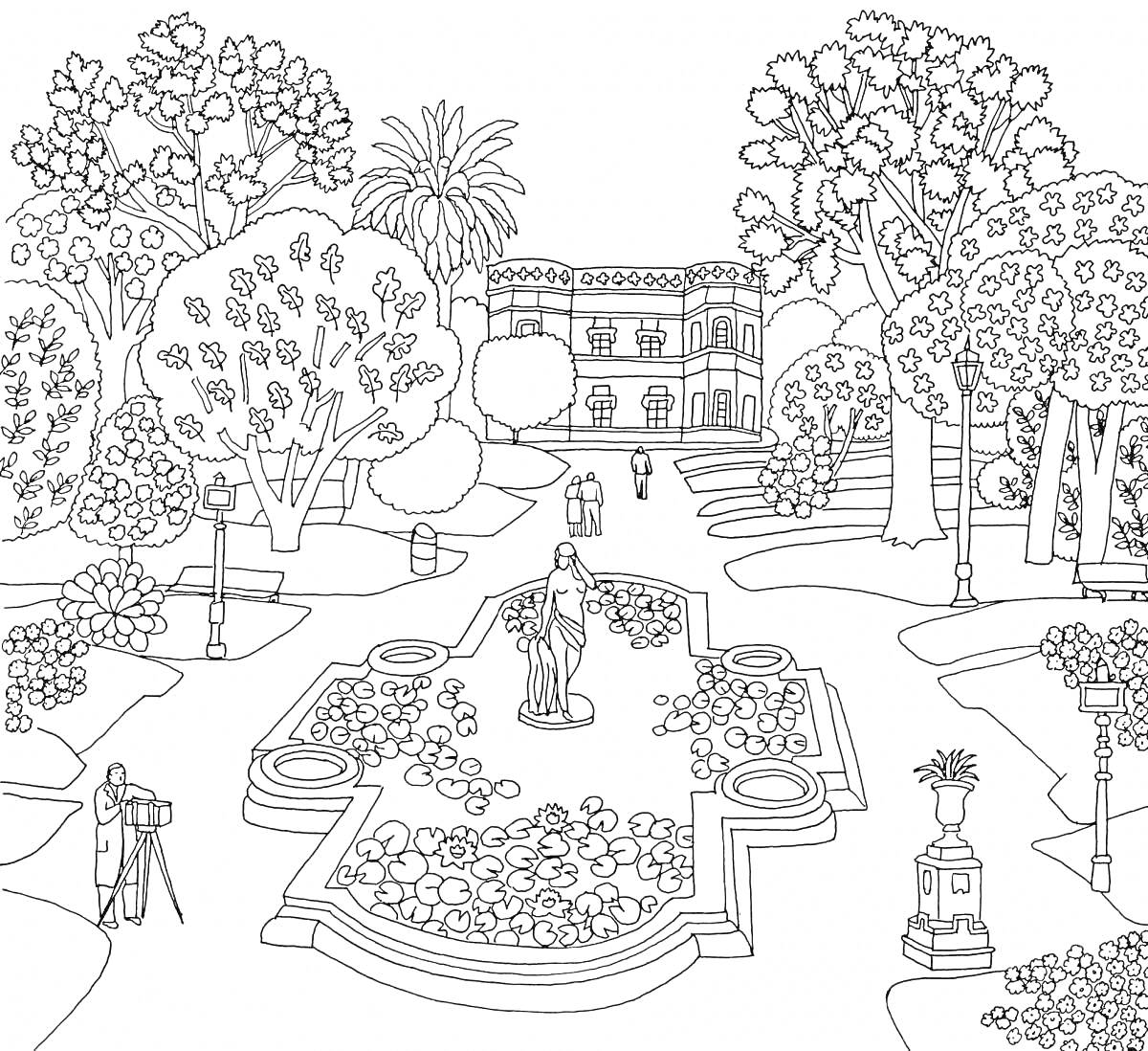 На раскраске изображено: Сад, Деревья, Цветы, Фонтан, Здание, Статуя, Природа, Кусты