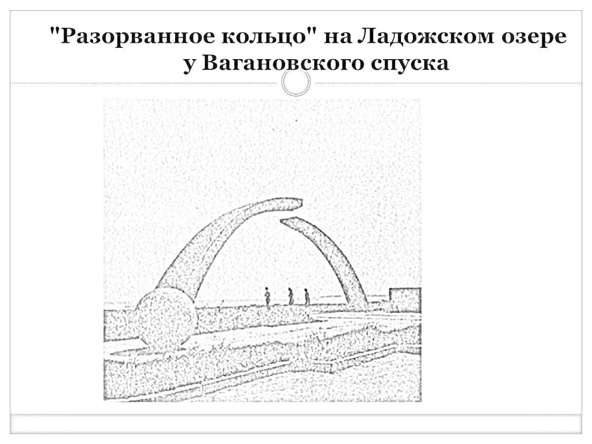 На раскраске изображено: Разорванное кольцо, Ладожское озеро, Мемориал, Монумент, История, Великая Отечественная война, Блокада Ленинграда, Архитектура, Скульптура