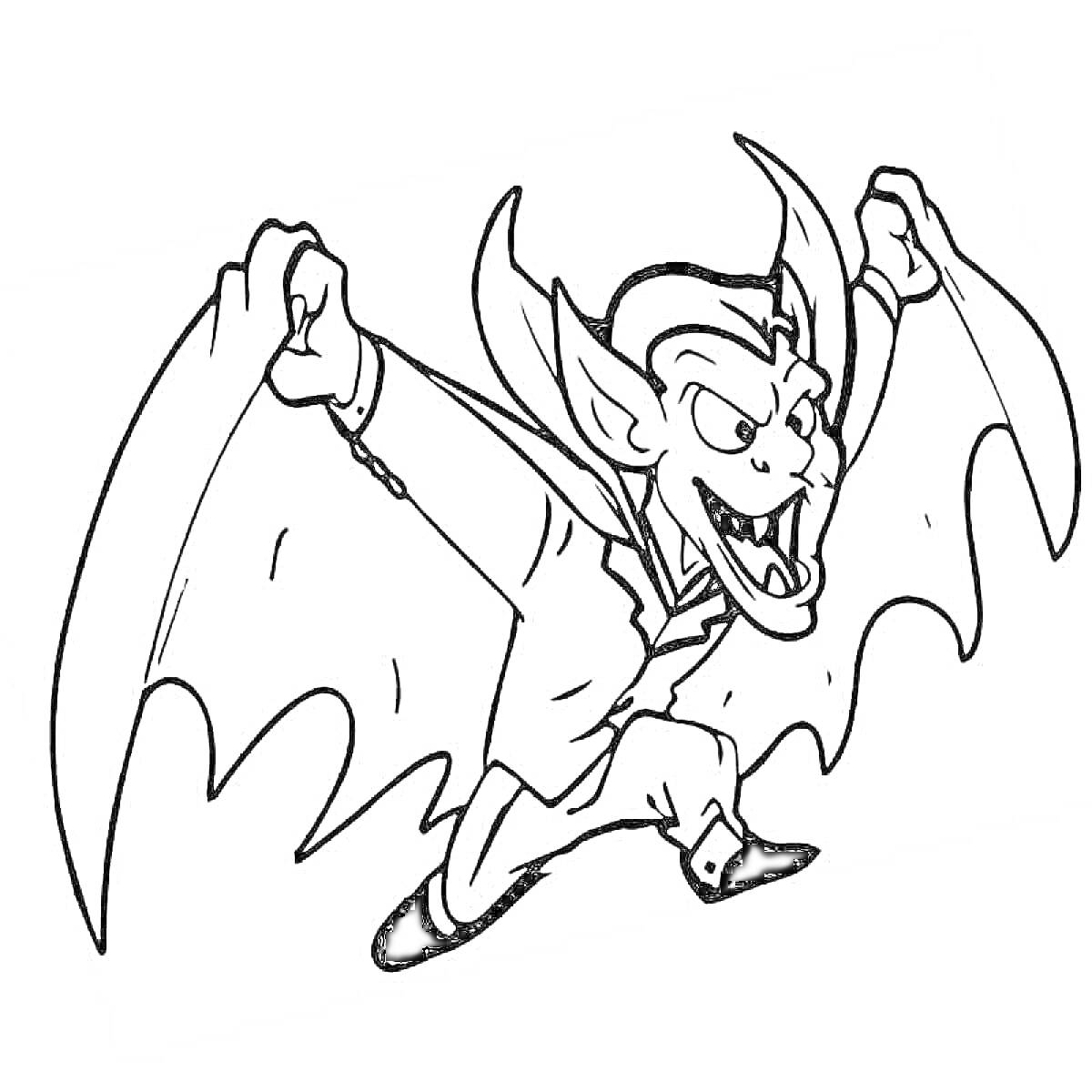 Раскраска Вампир в плаще с поднятыми вверх руками, клыкастым ртом и заостренными ушами