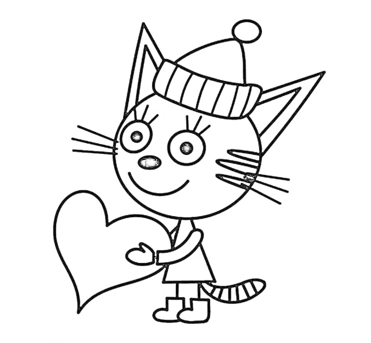 Раскраска Кошка в шапке с помпоном, держащая сердце