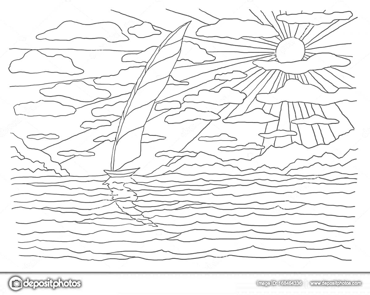 Раскраска Закат на море с парусником, солнцем и облаками