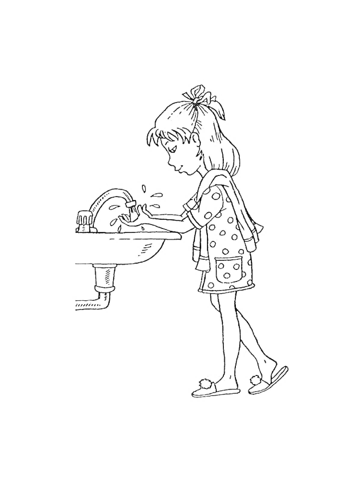 На раскраске изображено: Гигиена, Мытье рук, Девочка, Раковина, Чистота, Вода, Здоровье, Ванна