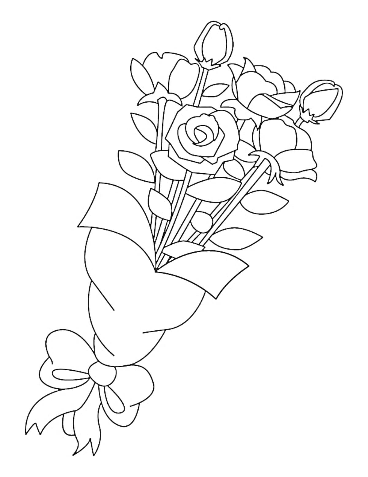 На раскраске изображено: Цветы, Розы, Листья, Обертка, Бант, Букет цветов, Бутон