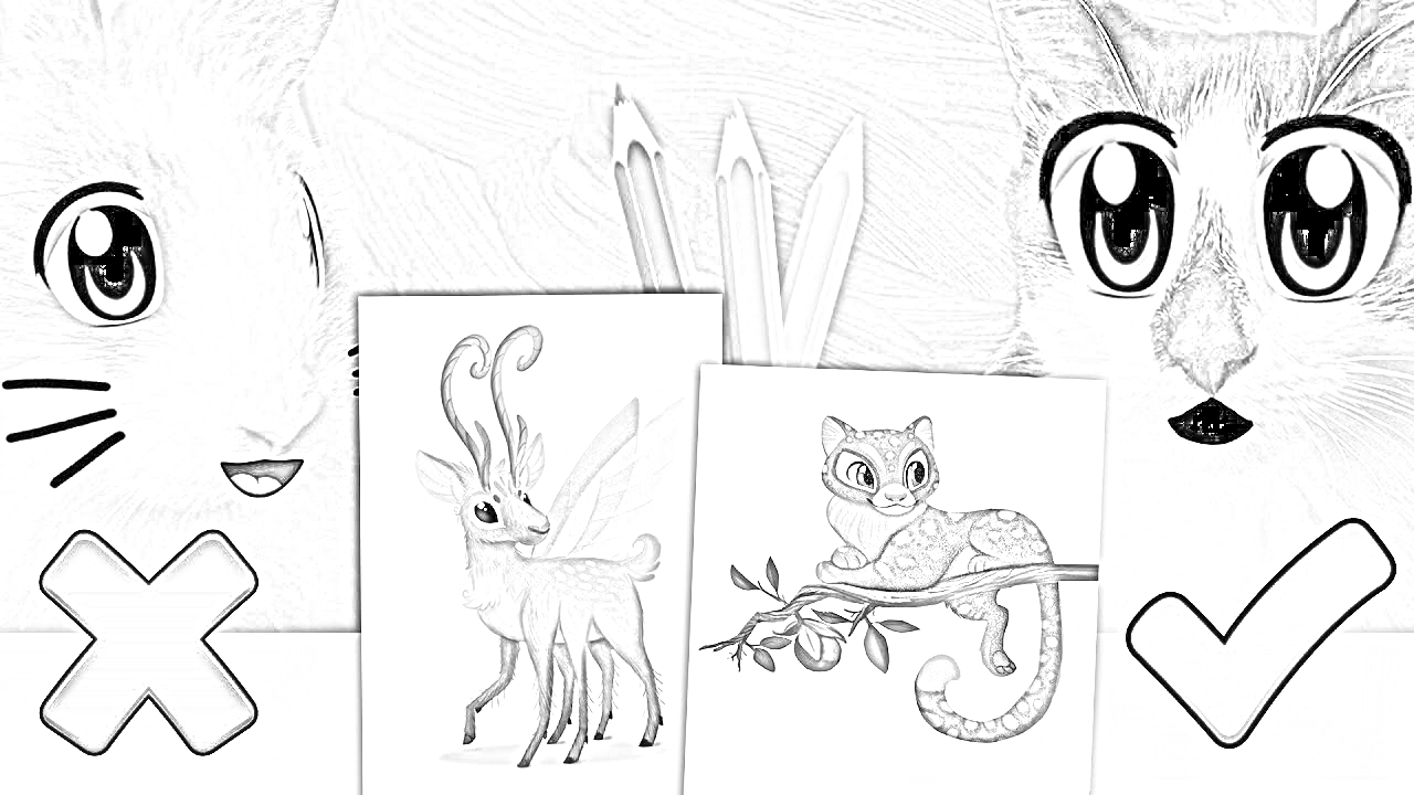 Раскраска Кот и мышонок с раскрасками - фантастическое существо и ящерица, карандаши