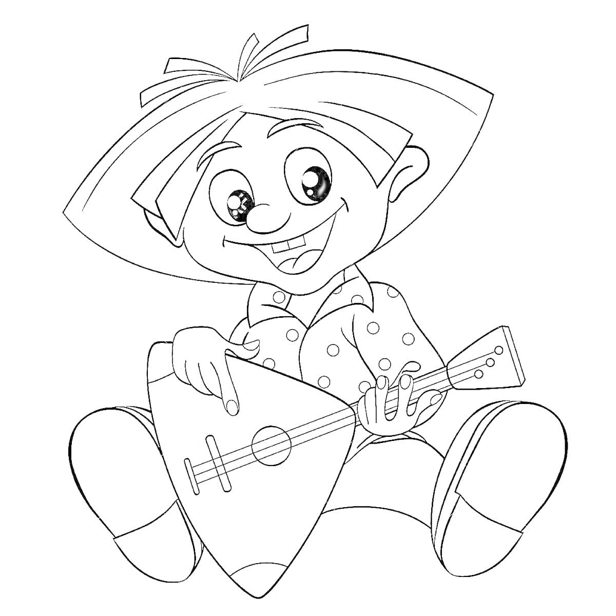 На раскраске изображено: Балалайка, Детский персонаж, Музыкальные инструменты