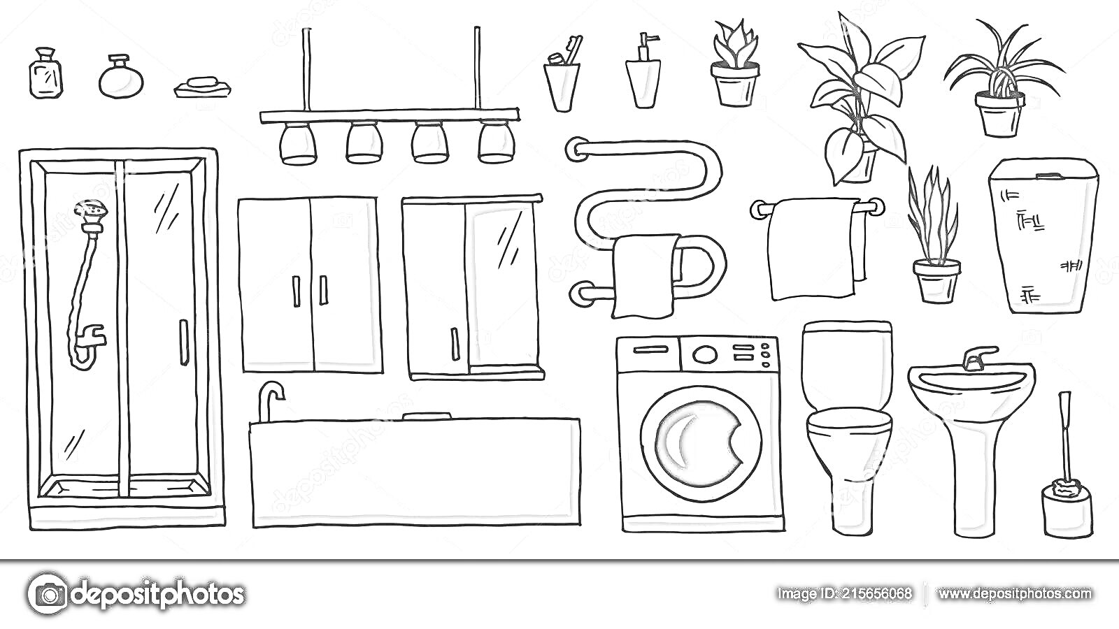 На раскраске изображено: Душевая кабина, Зеркало, Комнатные растения, Полотенцесушитель, Стиральная машина, Унитаз, Умывальник, Мыло, Корзина для белья, Ванная комната