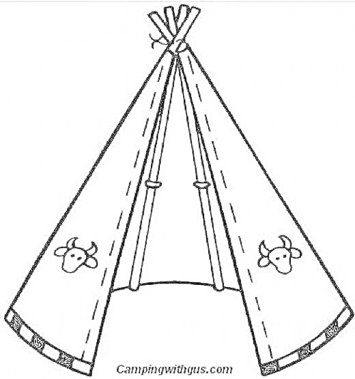 На раскраске изображено: Чум, Палатка, Быки, Узоры, Природа
