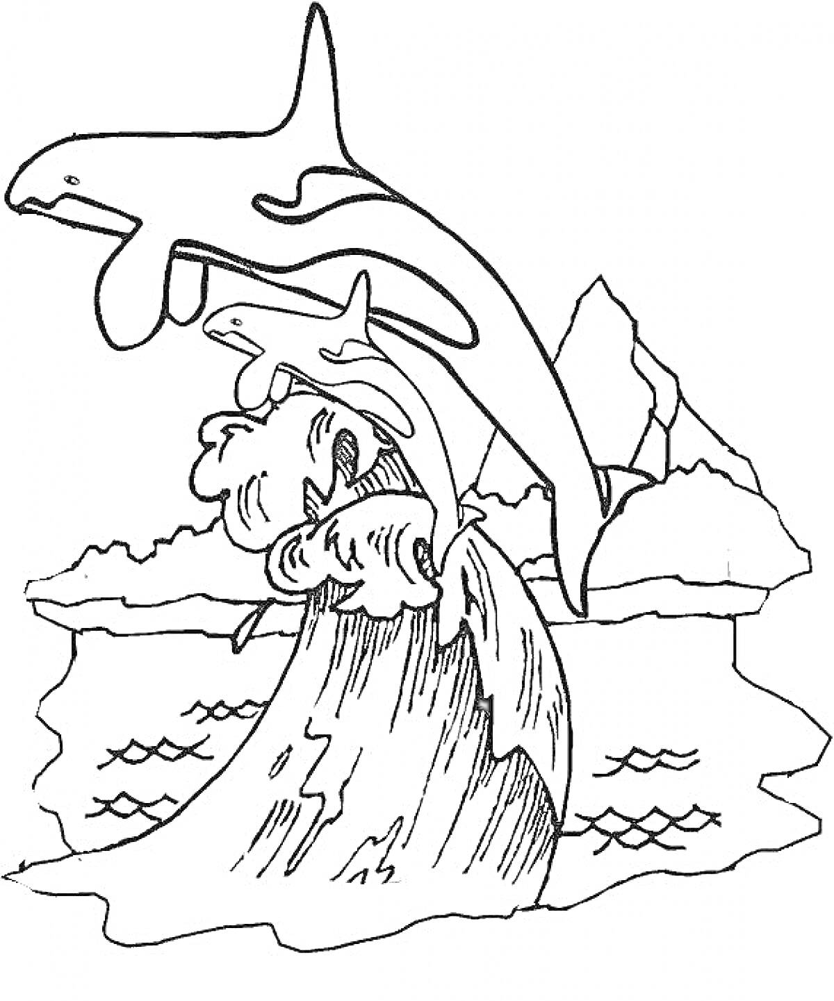 Косатка, плавающая рядом с волнами и скалами