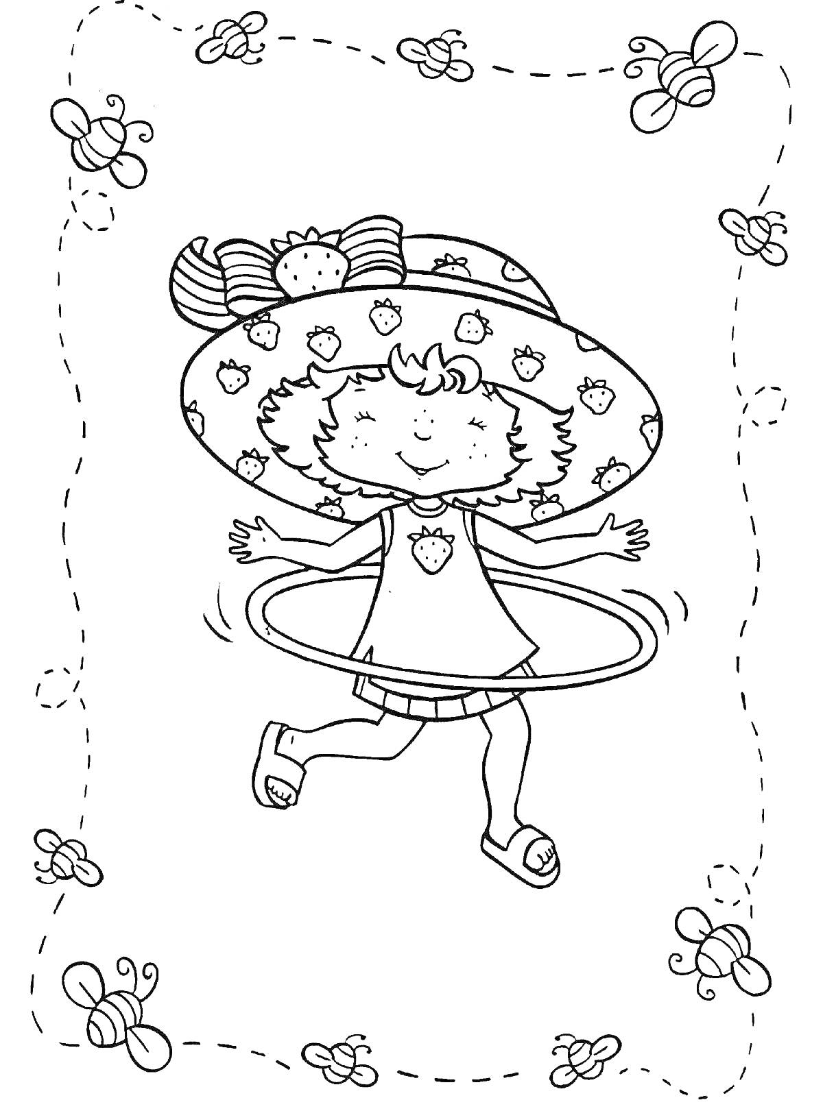 На раскраске изображено: Девочка, Обруч, Шляпа, Клубнички, Пчелки, Цветы, Пчелы