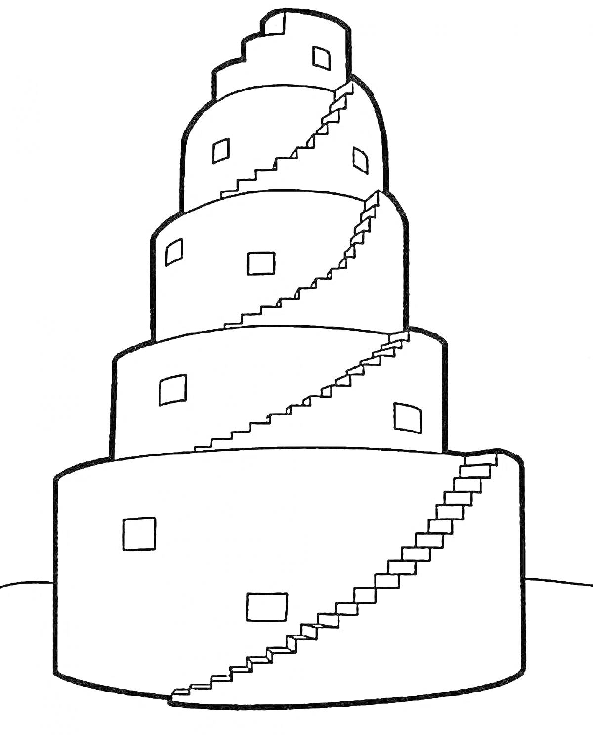 На раскраске изображено: Вавилонская башня, Лестница, Окна, Архитектура