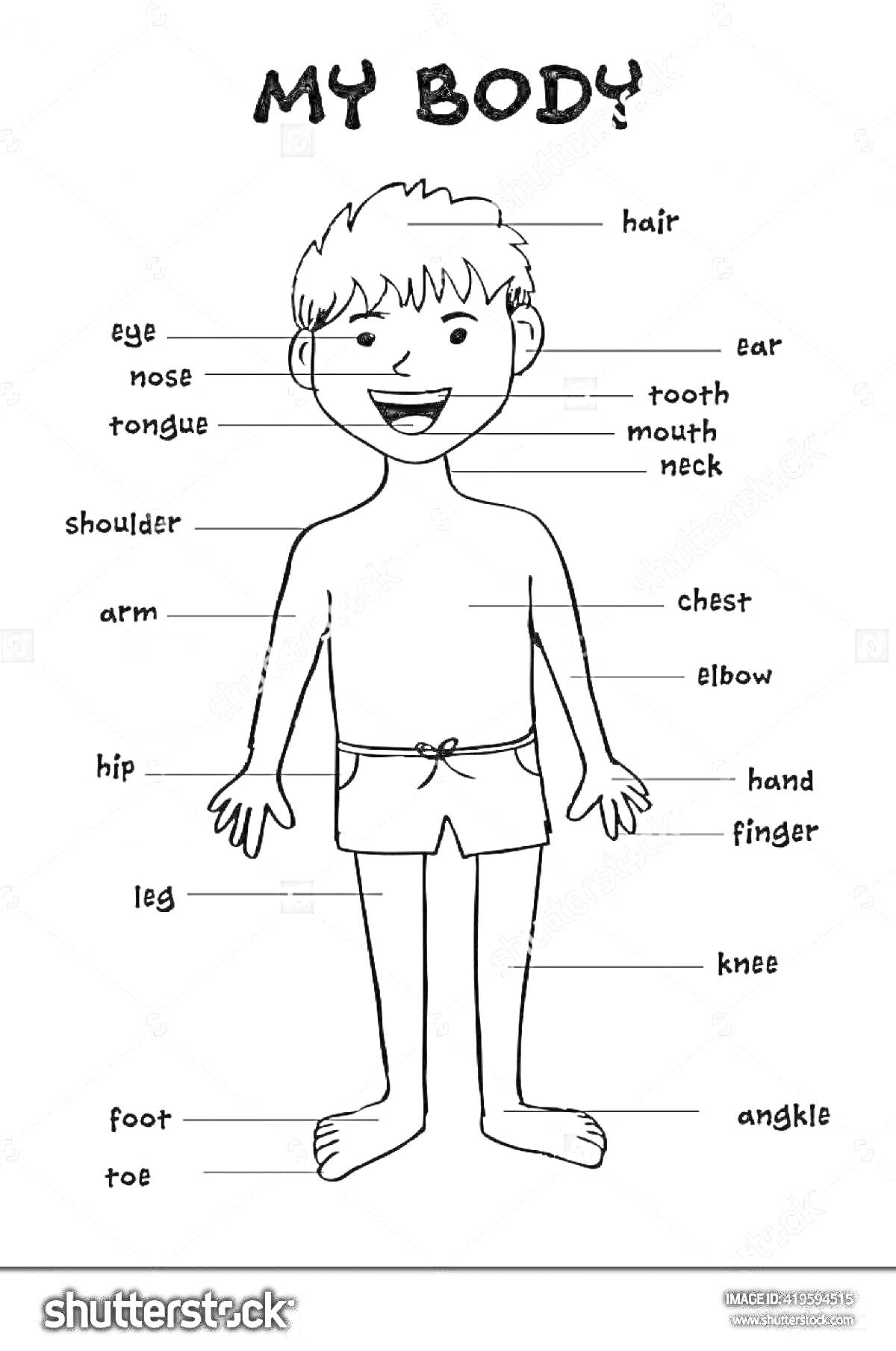 Раскраска My Body (все части тела подписаны: eye, nose, tongue, tooth, mouth, neck, ear, hair, shoulder, arm, elbow, chest, hand, finger, hip, leg, knee, foot, toe, ankle)