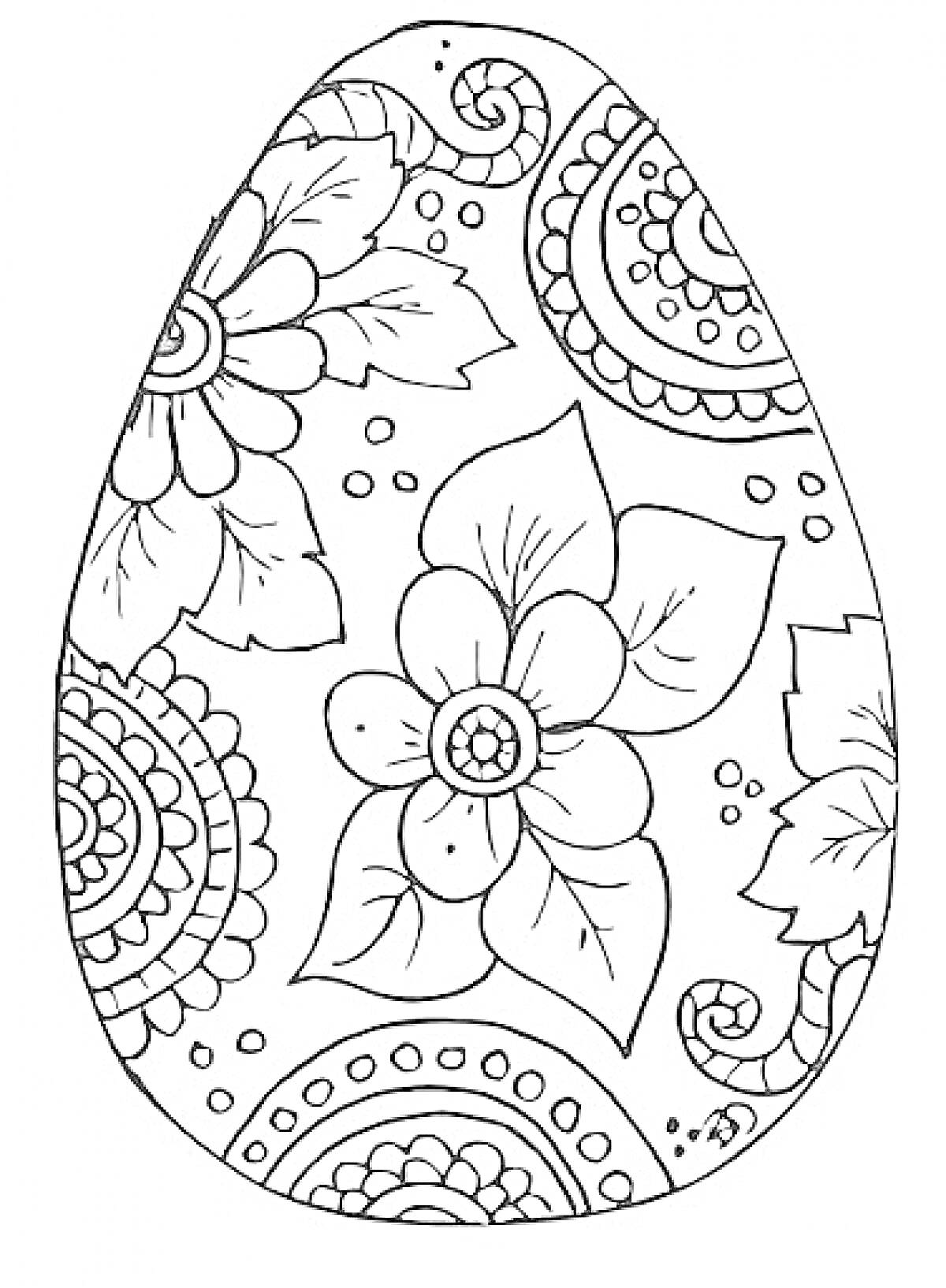 Раскраска Пасхальное яйцо с узорами цветов и листьев