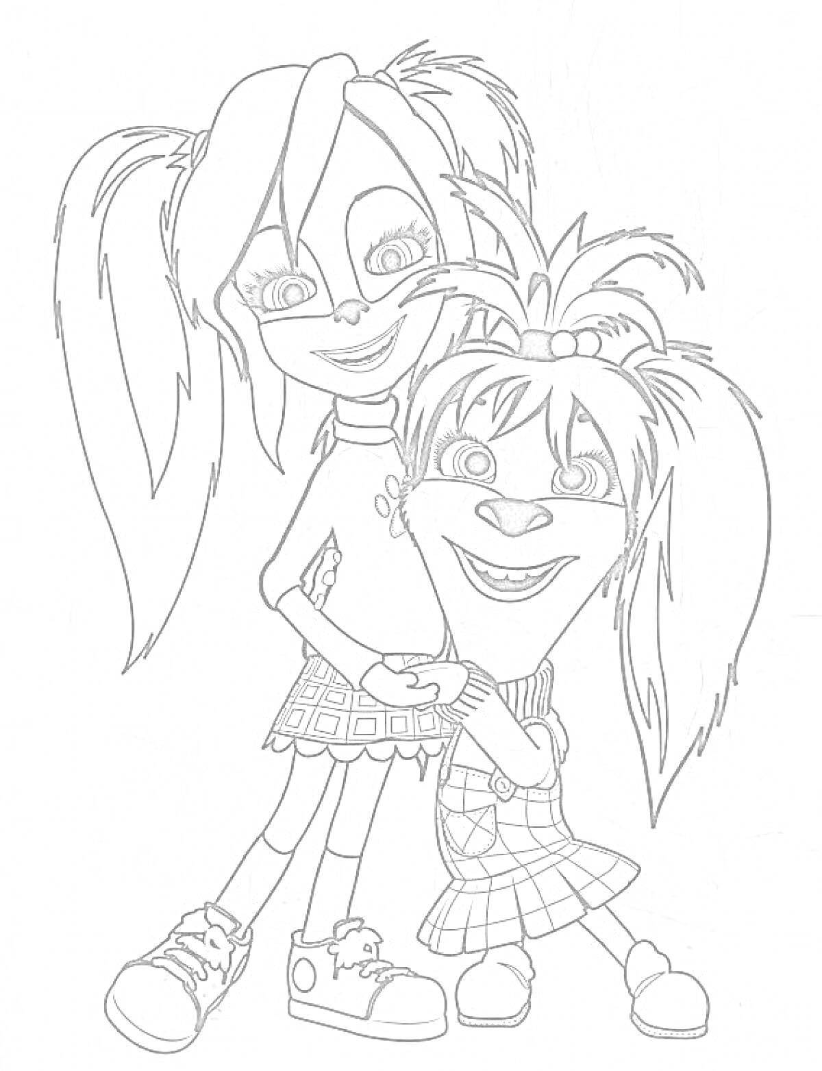 Раскраска Две девочки из мультфильма, с хвостиками, одна в клетчатом платье, другая в юбке с узором и кофте