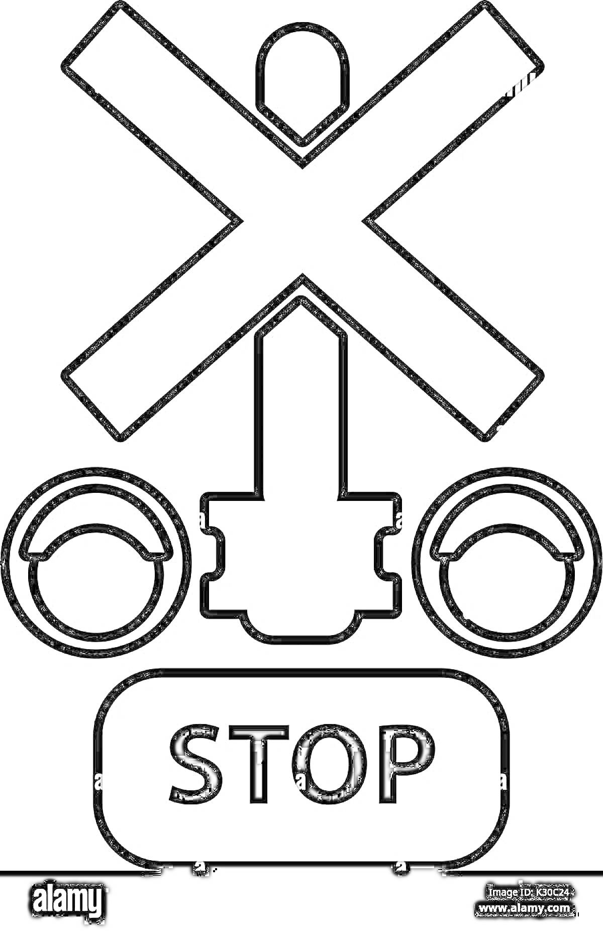 На раскраске изображено: Железнодорожный переезд, Знак STOP, Светофор, Шлагбаум, Знак, Предупреждение, Транспорт, Безопасность