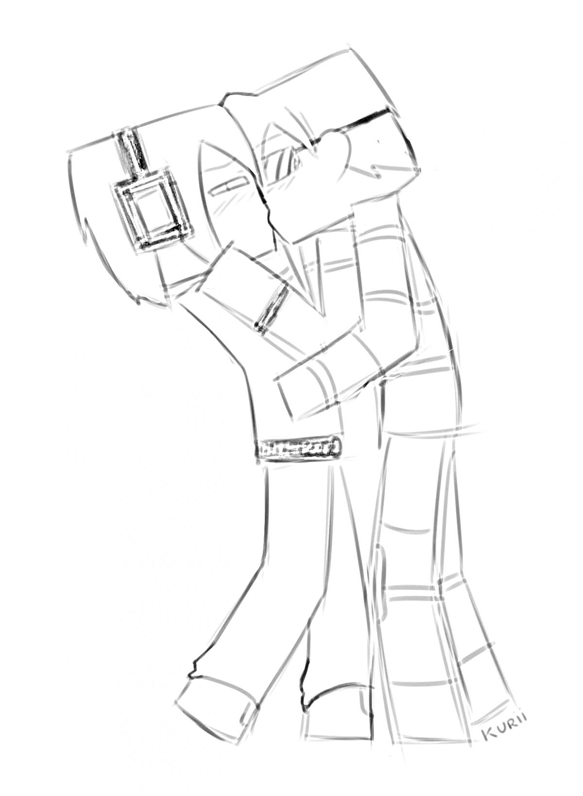 Два персонажа в стиле пиксель-арт из Minecraft, обнимающиеся.