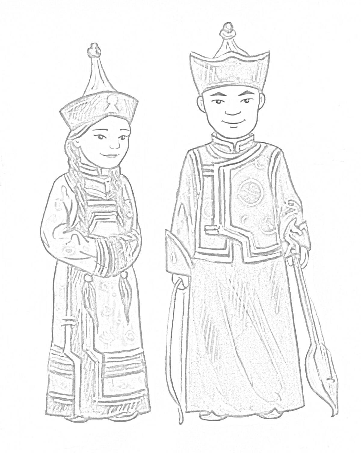 На раскраске изображено: Сагаалган, Традиционная одежда, Лук, Стрела, Народная культура, Национальная одежда