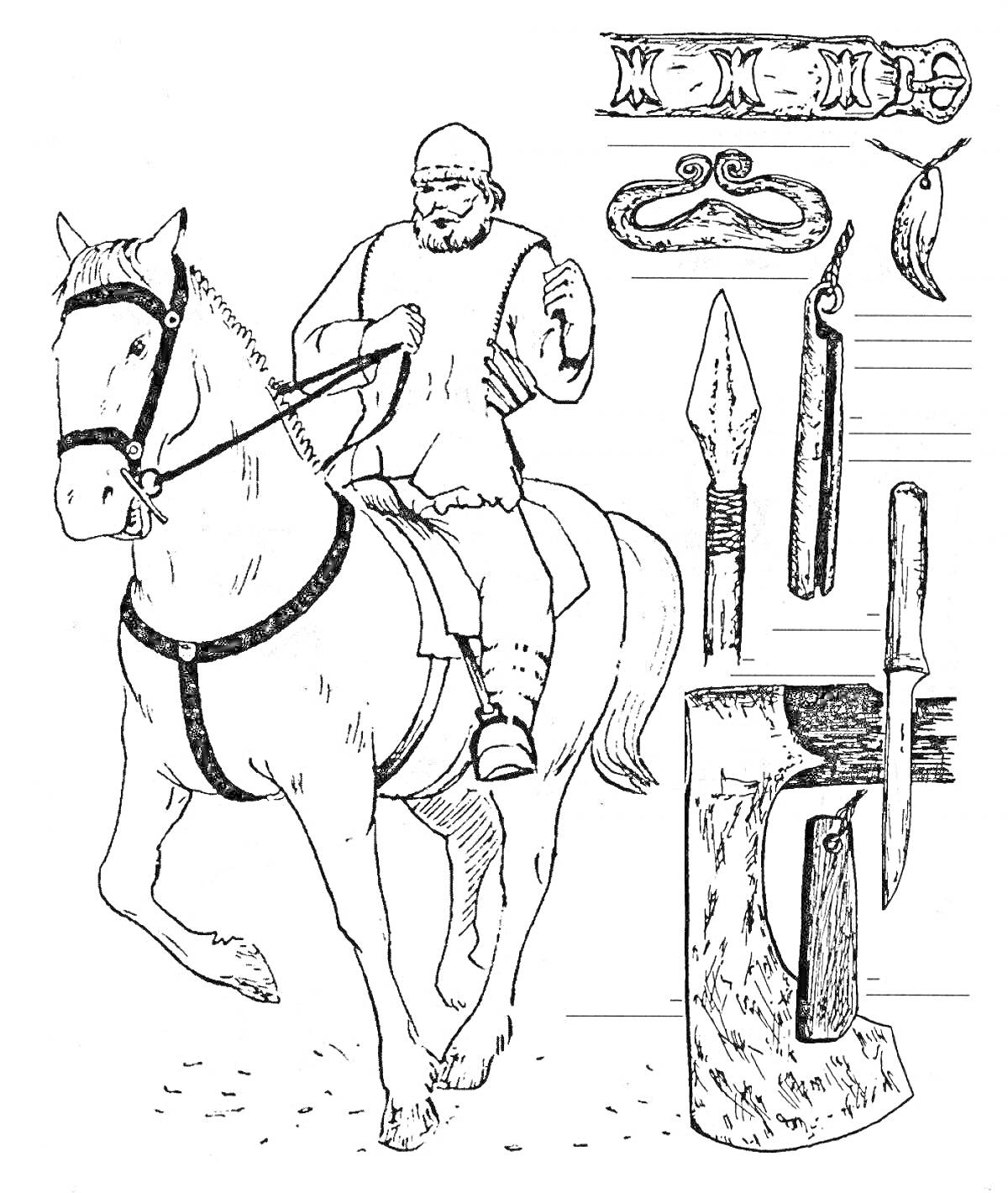 На раскраске изображено: Древние славяне, Воин, Конь, Оружие, Кольцо, Томагавк, Амулет