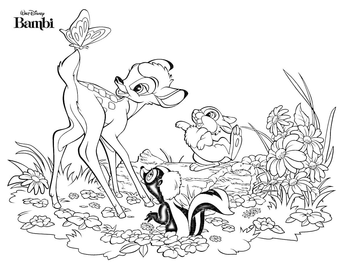 На раскраске изображено: Бэмби, Лес, Природа, Бабочка, Кролик, Скунс, Цветы