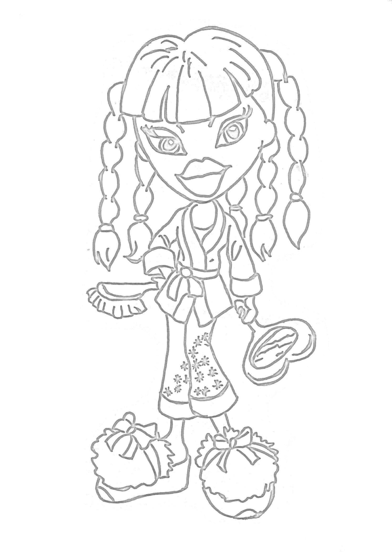 Раскраска Девушка Братц с косичками в халате и тапочках с помпонами, держит щётку и зеркало