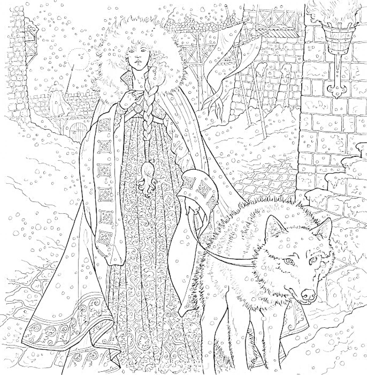 Женщина в зимней одежде с волком на фоне каменных стен