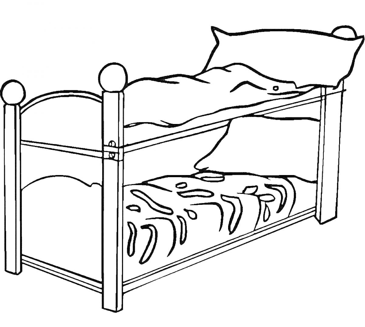 На раскраске изображено: Мебель, Двухъярусная кровать, Спальня, Подушка, Одеяло, Кровати