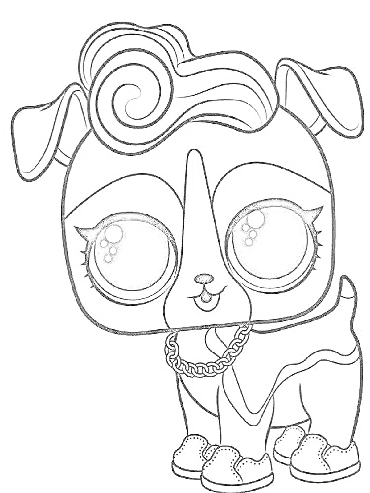 Раскраска Кукла ЛОЛ животное с крупными глазами, цепочкой и туфлями