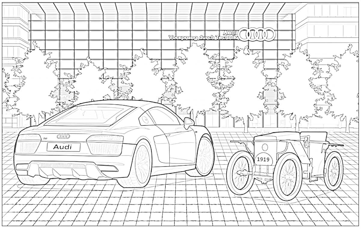 На раскраске изображено: Audi, Здание, Парковка, Старинная машина, Деревья