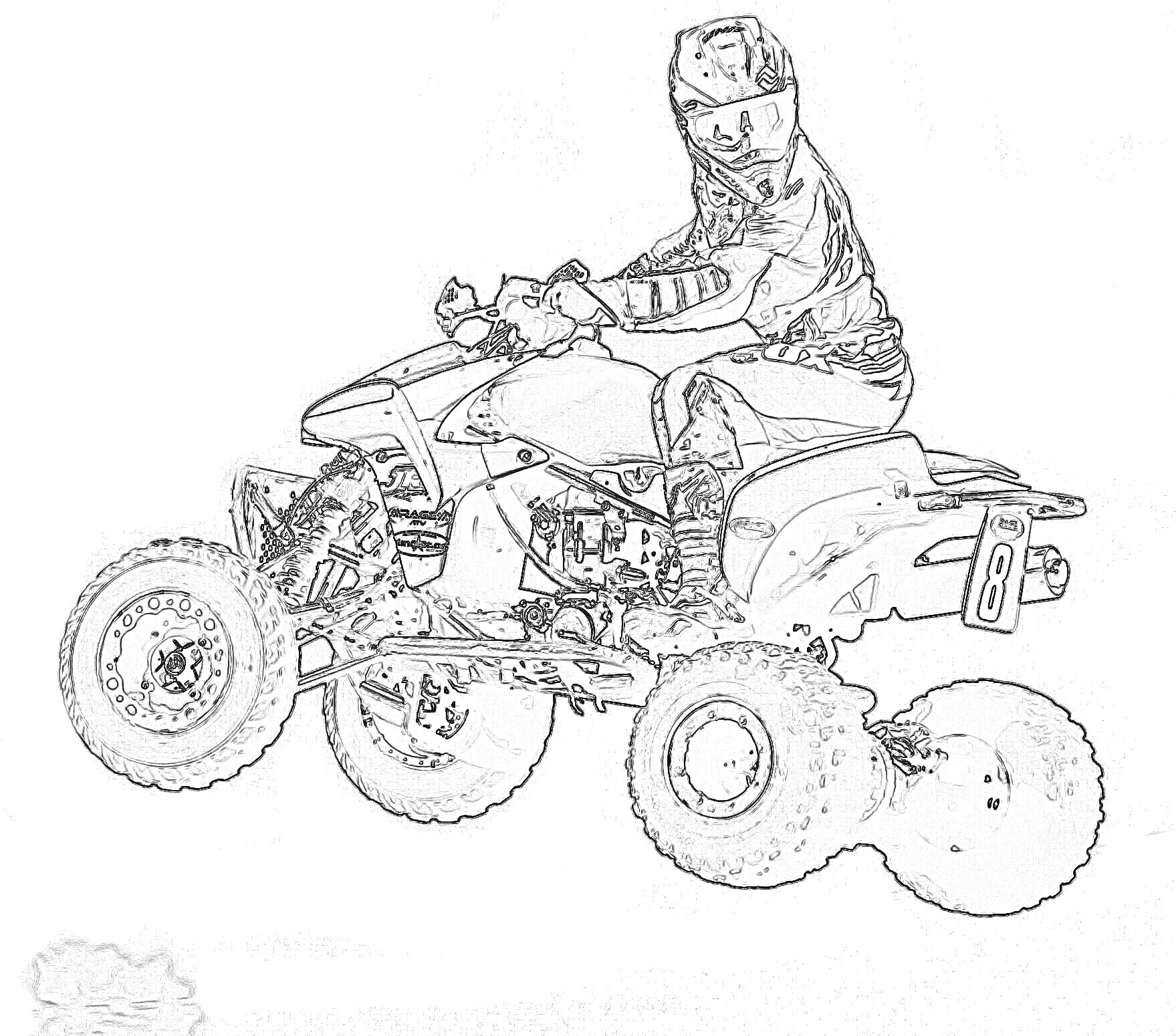 На раскраске изображено: Квадроцикл, Водитель, Защитная одежда, Внешний вид, Транспорт, Колёса, Мотоспорт, Грязь