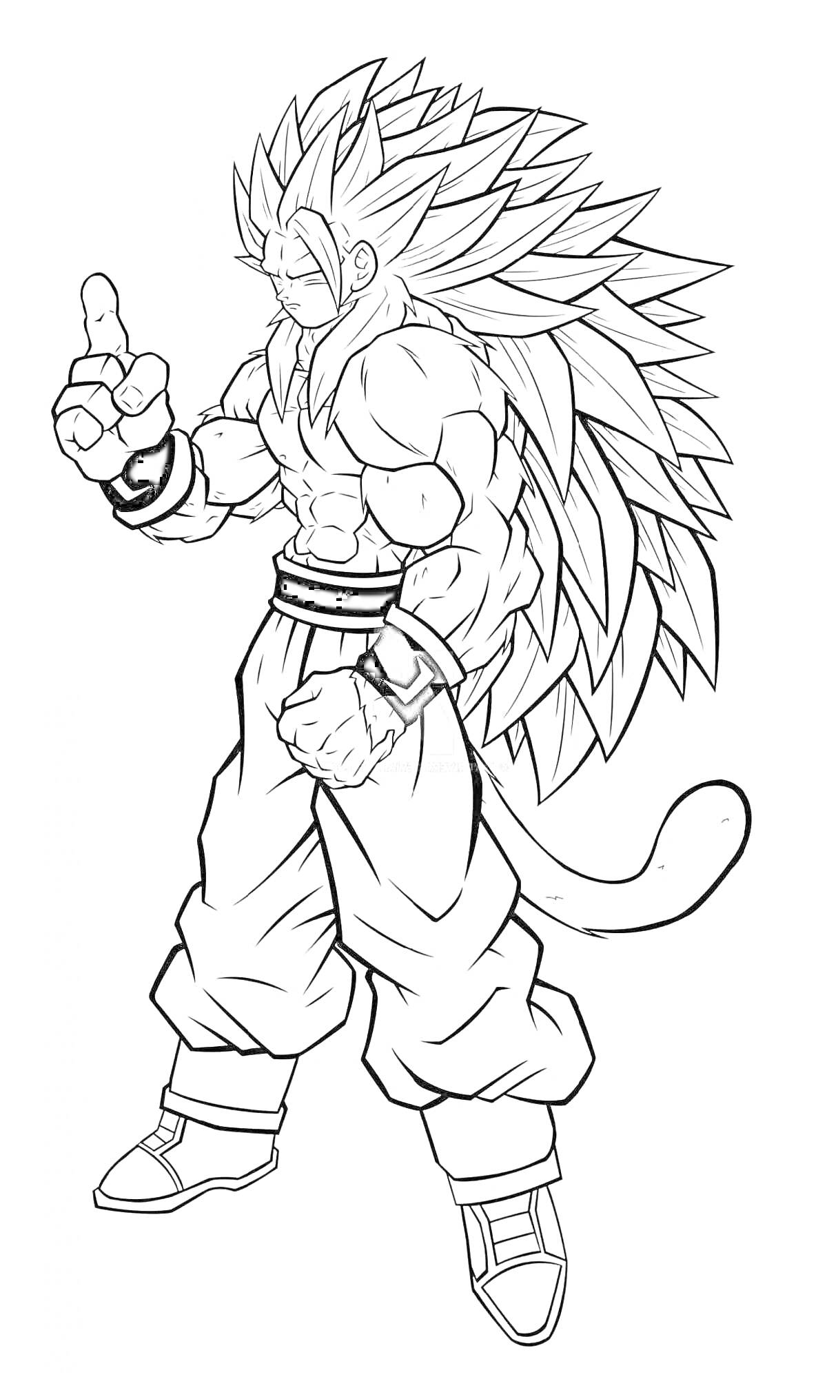 Раскраска Гоку в трансформации с длинными волосами и хвостом, стоящий в боевой стойке и поднимающий палец вверх.