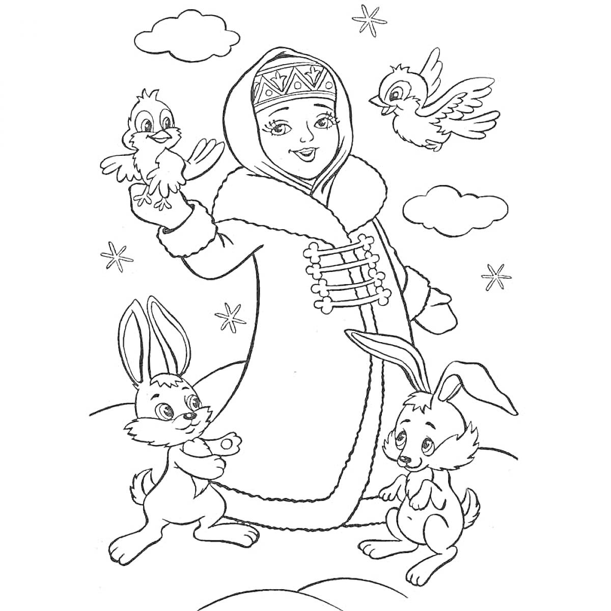 На раскраске изображено: Снегурочка, Зима, Лес, Зайцы, Облака, Звезды, Для детей, Птица