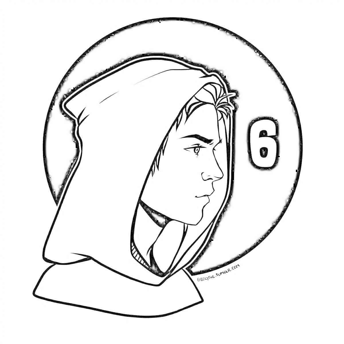 Раскраска Портрет персонажа в капюшоне с цифрой 6 на фоне