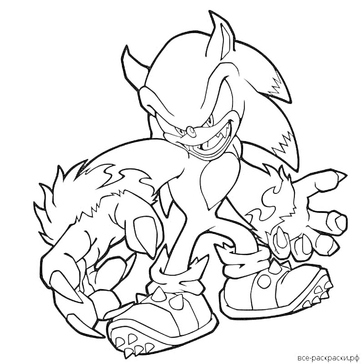Раскраска Ежик с агрессивным выражением лица и когтями, персонаж мультфильма 